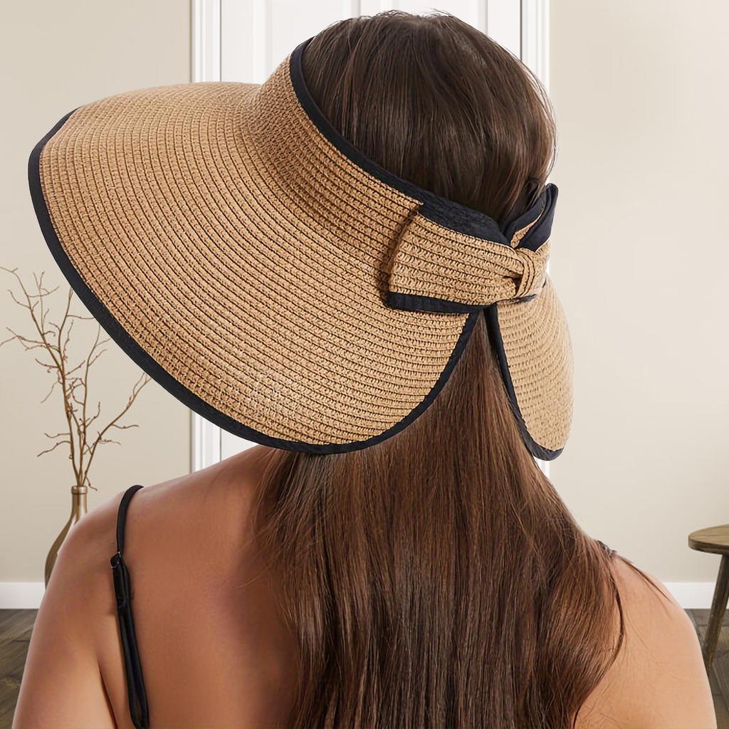 Summer Beach Sun Hat For Women Portable Folding Wide Brimmed Straw Hat Fashion Bow Shaped Hollow Top Straw Hat Girls Bucket Hats