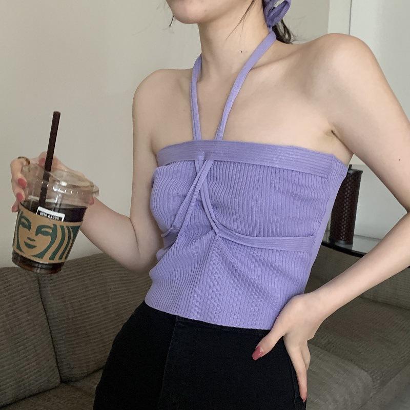 Летний новый маленький подтяжки халтер шея сексуальный завязывающийся бандо спинки поверх топа носить горячая девушка короткий вязаный жилет