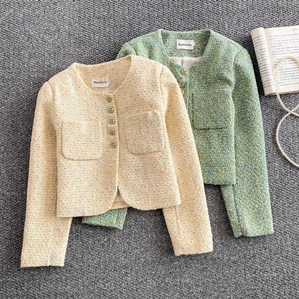 Осень Зима Женский Элегантный Маленький Ароматный Ветер Полный Рукав Однобортный Твидовый Короткий Пиджак Пальто С Карманом