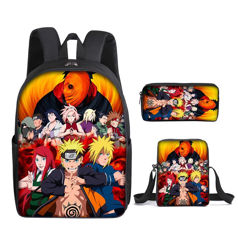 Naruto Naruto Backpack Three-Piece Set, Primary And Secondary School School Bag, Shoulder Bag, Messenger Bag, Pencil Case.