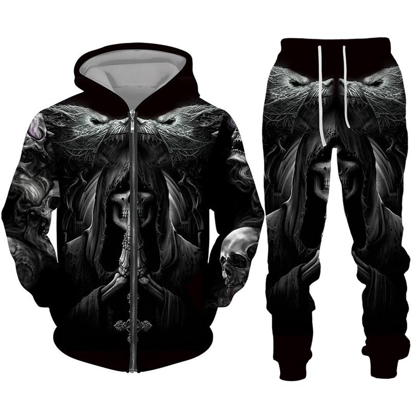 Cool Skull 3D Printed Black Zipper Hoodie Pants Suit Gothic Punk Style Men Women Tracksuit Set 2023 Halloween Streetwear Costume