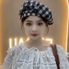 Japanese Retro Black and White Plaid Octagonal Hat Spring and Autumn New Windproof and Breathable Beret Showing Face Little Literary Painter Hat