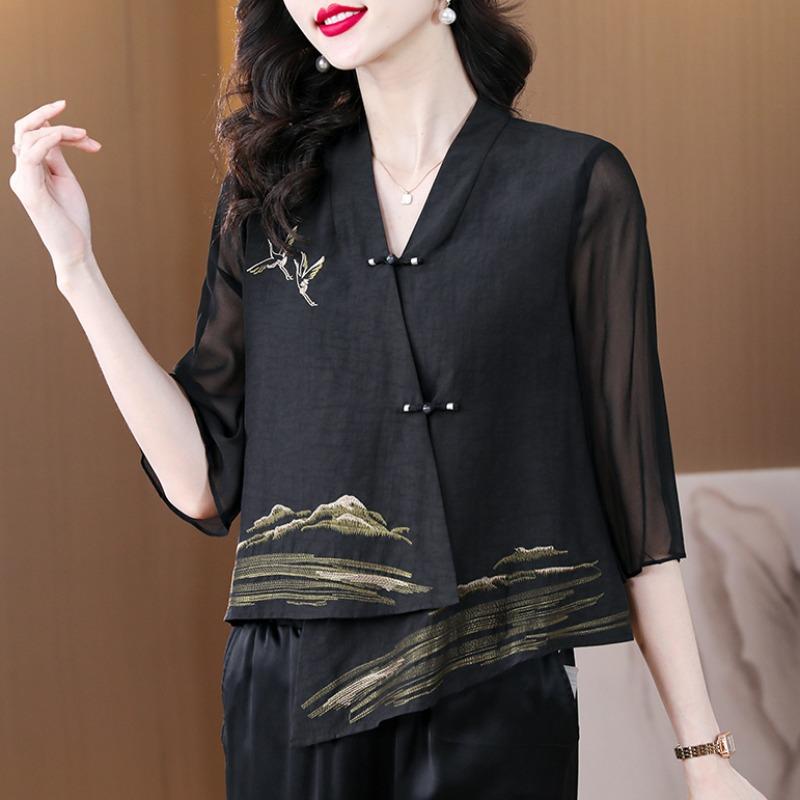 Летние женские винтажные вышитые асимметричные блузки весна-лето элегантные рубашки