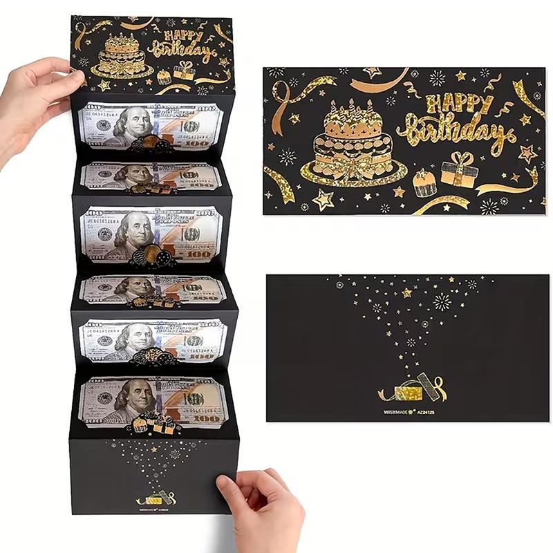 Black And Gold-Edged Birthday Gift Envelope With 6 Cash Slots And A Self-Sealing Design, Suitable For Both Cash And Cards