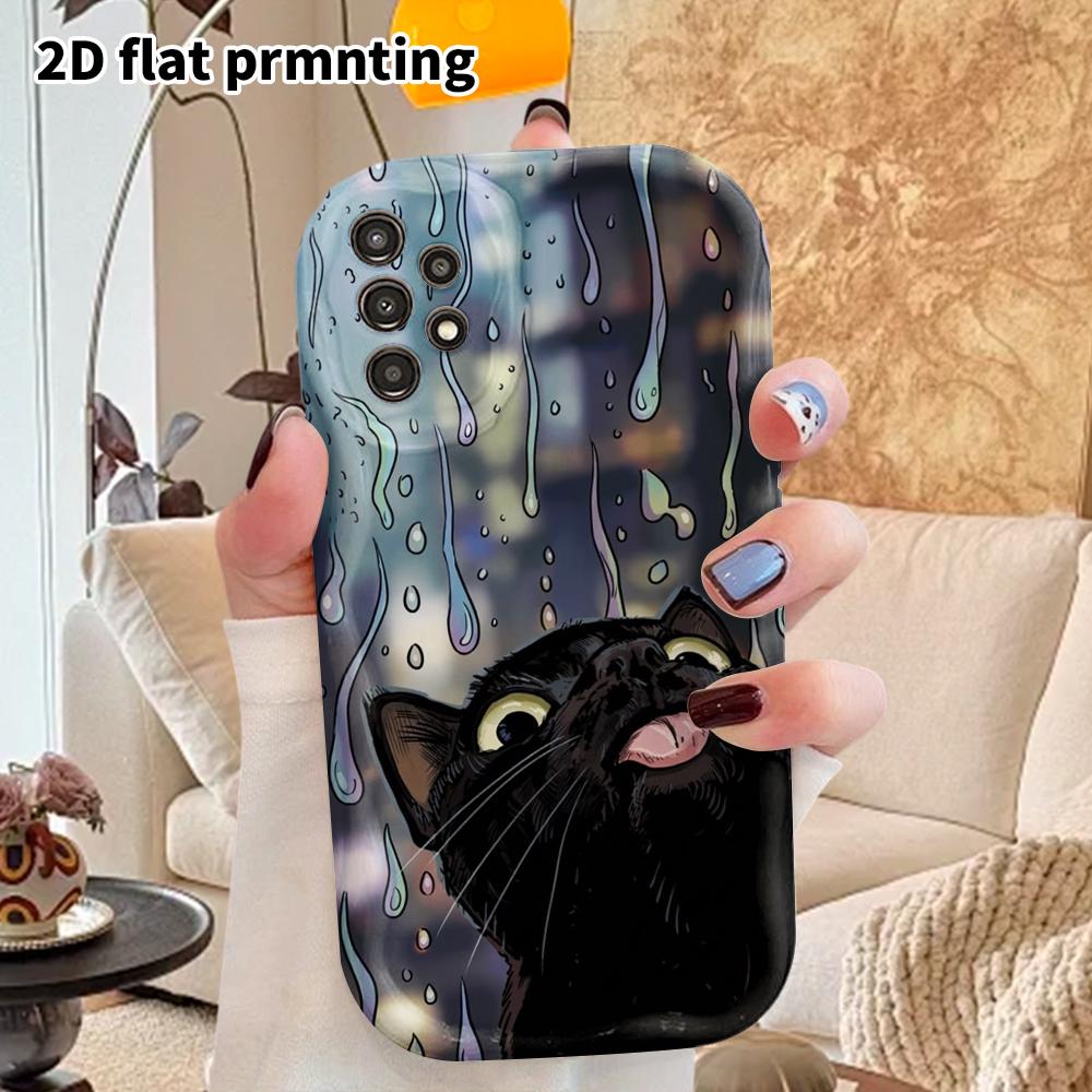 Phone Case: 2D Flat Samsung Galaxy A34 A35 M05 M06 S20 S22 S21 FE Plus 5G Protective Case, Couples Style, Little Black Cat on Rainy Night, Christmas a