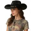 Western cowboy hat for men and women, vintage distressed five-pointed star, faux suede, metal buckle, wide brim, outdoor riding, sun protection