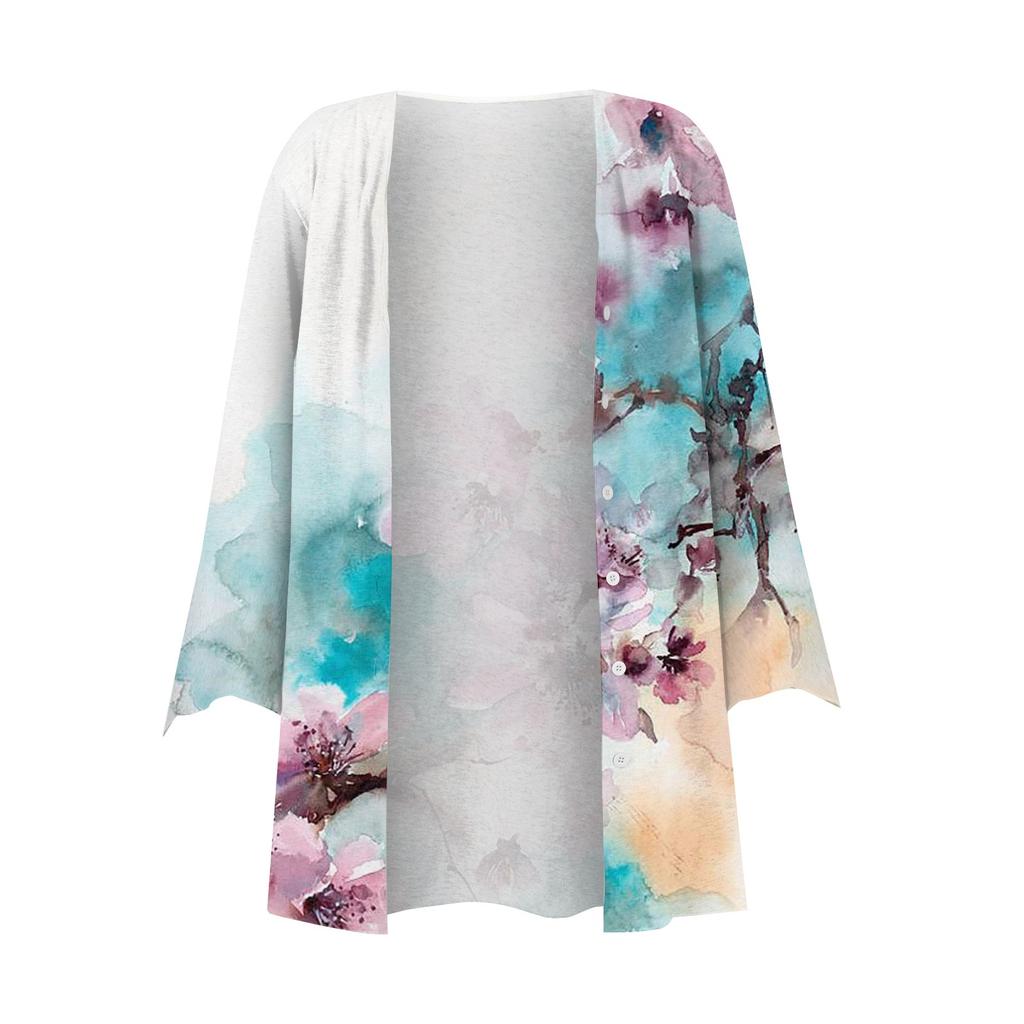 Ladies Casual Floral Printed Three Quarter Sleeve Button Shirt Cardigan Top