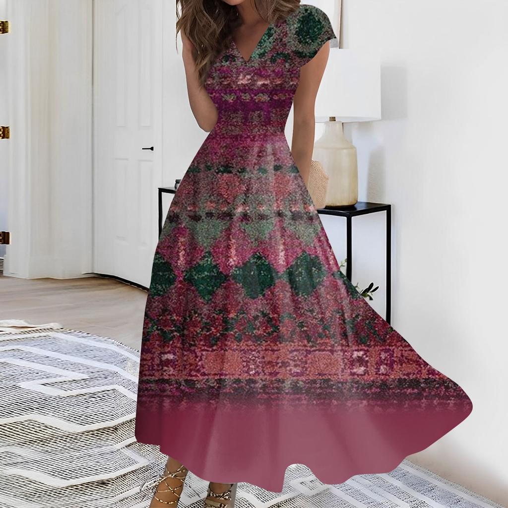 Женское длинное платье Макси-платье Повседневное платье Летнее повседневное платье с короткими рукавами и v-образным вырезом в стиле бохо с талией и принтом