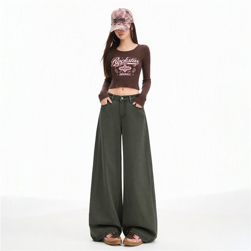 American retro casual wide-leg jeans women's loose and thin floor-mopping pants versatile straight pants