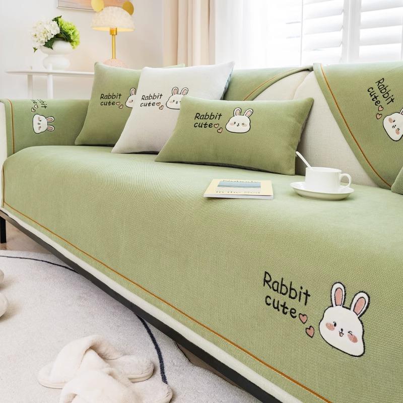 Cartoon Embroidered Sofa Cushion, All-Season Non-Slip Cotton And Linen Cover Towel, Simple Modern Sofa Cover, Seat Cushion