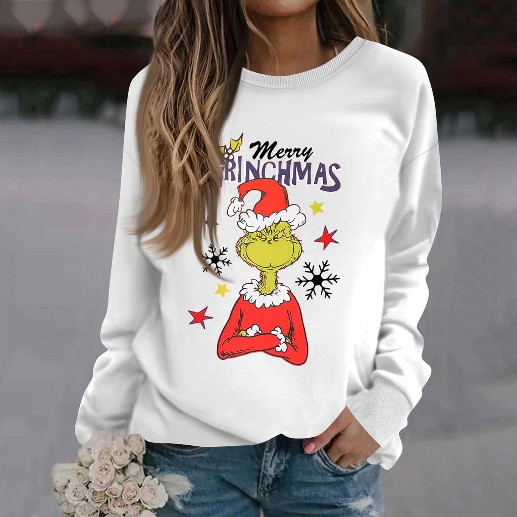 Women's Fashion Casual Long Sleeve Solid Color Christmas Printed Round Neck Top Sweatshirt