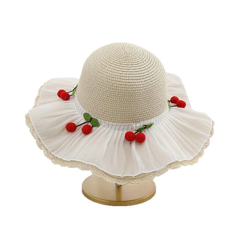 French sweet and elegant cherry decorated straw hat women's summer seaside vacation beach hat outdoor photo shading sun protection hat