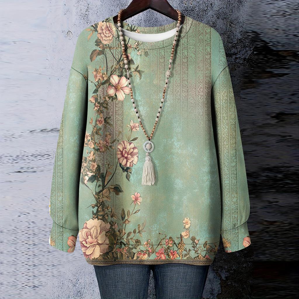 Женская футболка с цветочным принтом, круглым вырезом и длинными рукавами, свитшот