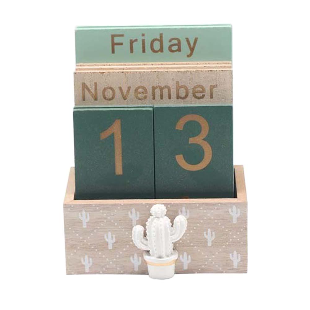 Pineapple Desk Calendar Ornament Cactus Date Display Ornament Wooden Perpetual Calendar Office