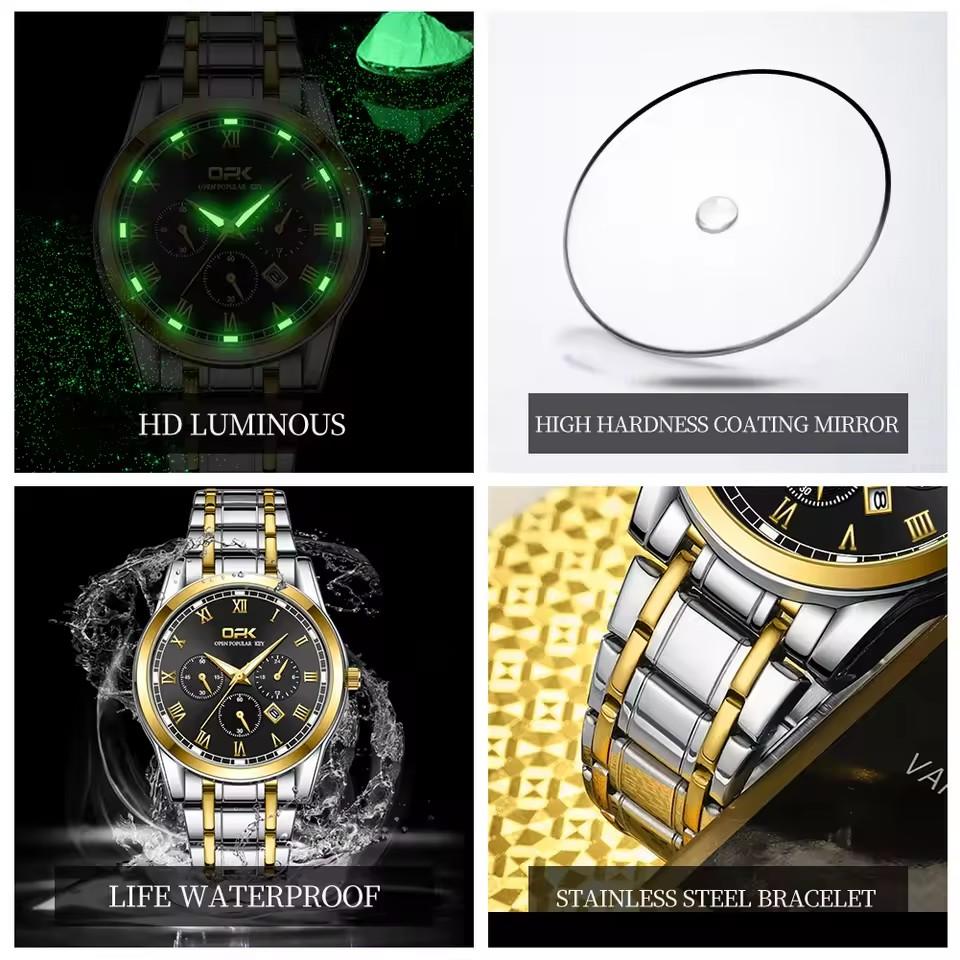 OPK 8119 Dual Calendar Men's Quartz Watch Waterproof Luminous Stainless Steel Wristwatch with Stainless Steel Band for Men