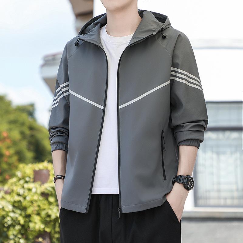 Jacket Spring and Autumn Youth Three-bar Sports Jacket Men's Breathable Top Loose Outdoor Windbreaker Hooded