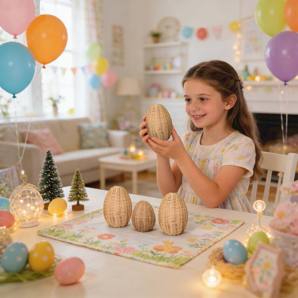 3PCS Pack Cute Easter Rattan Egg Decoration For Home And Desktop Display