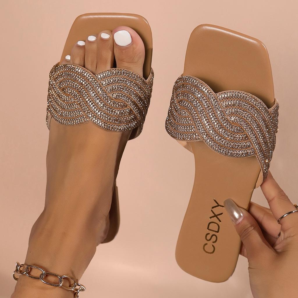Стразы шлепанцы на плоской подошве женские квадратный носок один педаль домашние тапочки внешняя торговля большой размер FlatSlippers