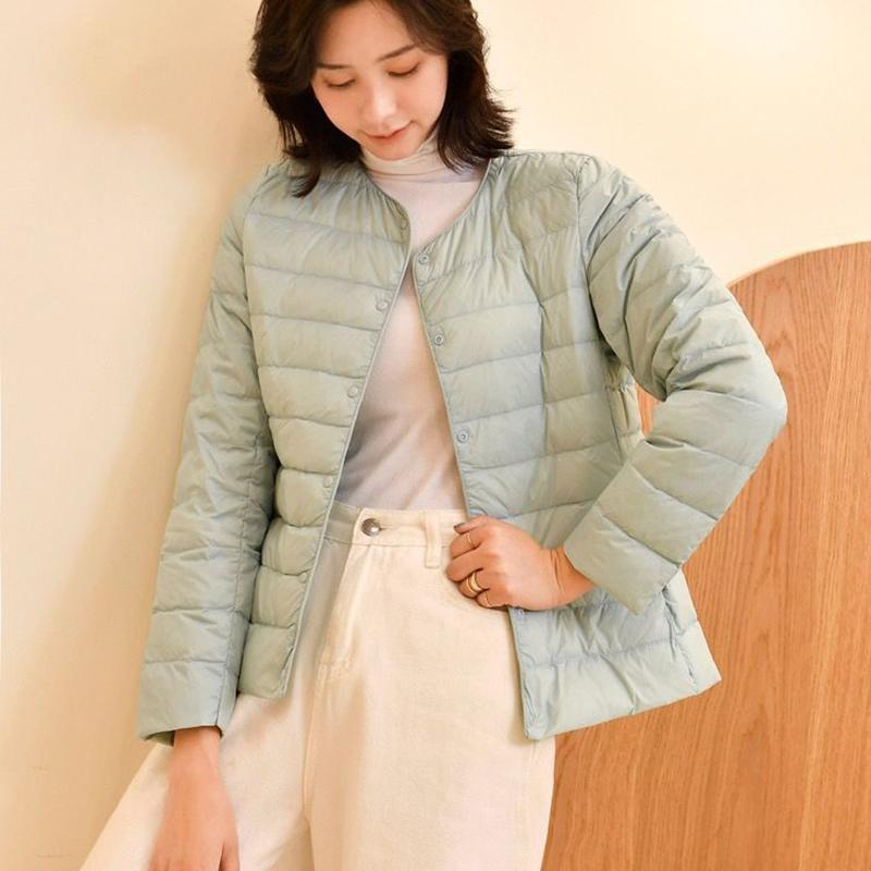 Белый утиный пух, легкий тонкий пуховик, женский круглый вырез, короткая секция, без воротника, осенне-зимняя теплая куртка большого размера с внутренней стороны