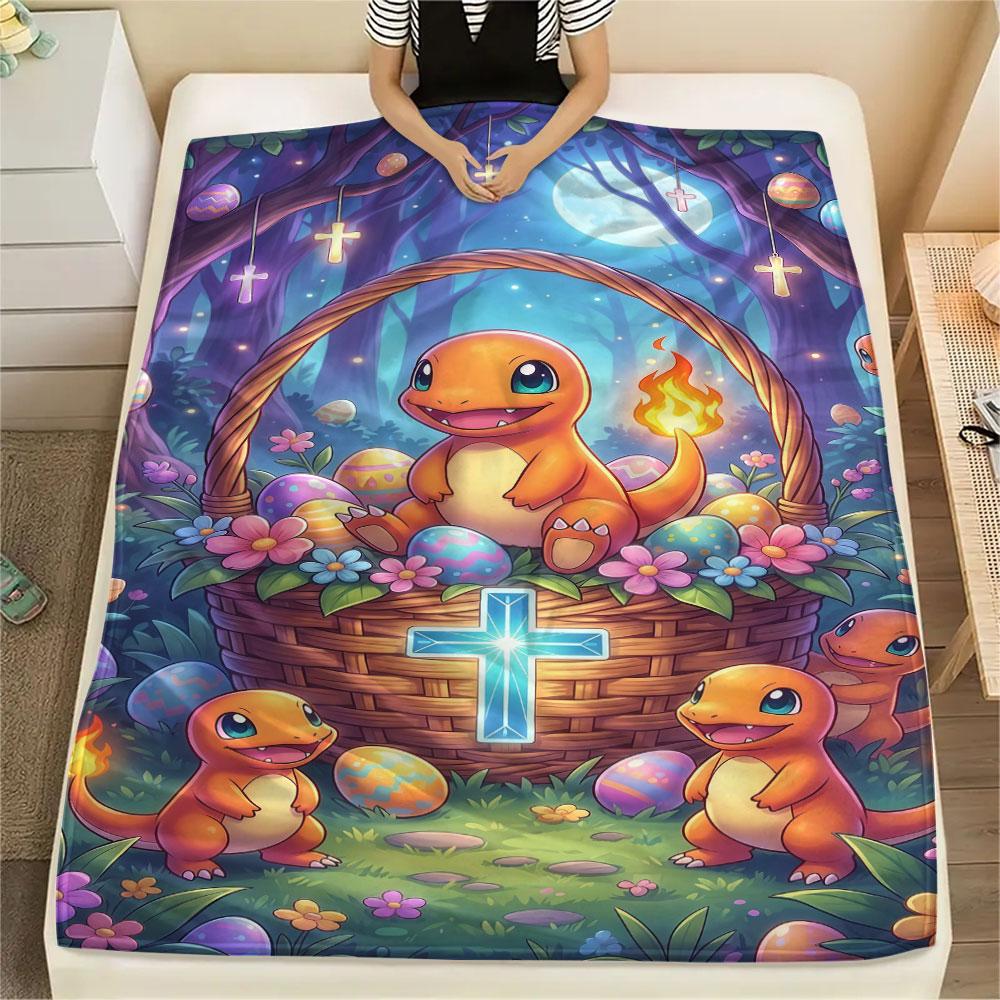 1Pc Easter Pokemon Print Flannel Blanket, High quality Comfortable for All Seasons, Home Decor, Warmth and Comfort, Perfect for Christmas Gifts