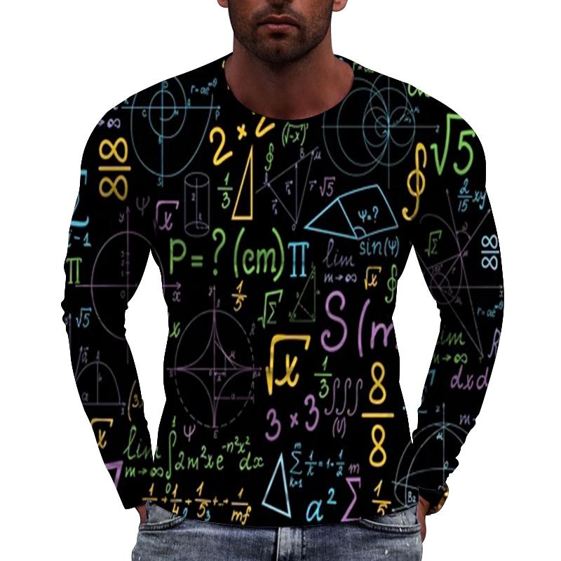 Fun Mathematical Formula Pattern Men's Long Sleeved Casual T-shirts - Soft Medium Stretch Polyester Fabric Spring and Autumn Relaxed Fit Clothing