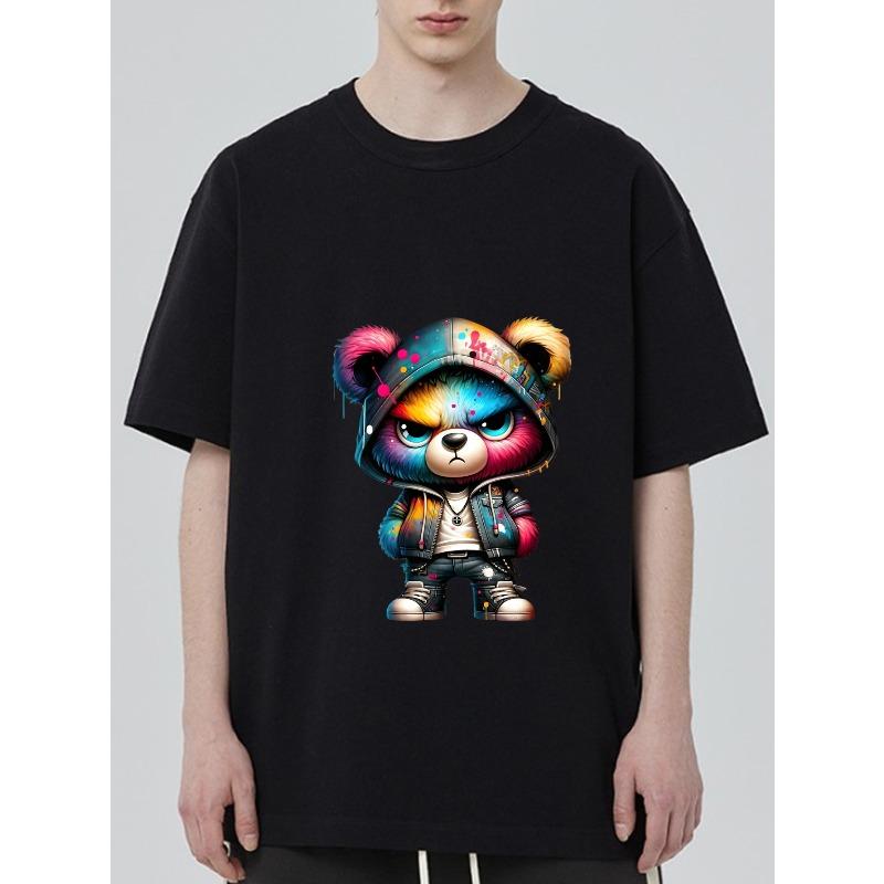 Cute Bear Streetwear T-Shirt Black Colorful Graffiti Bear with Hoodie and Sneakers Urban Fashion Casual Wear for Men and Women