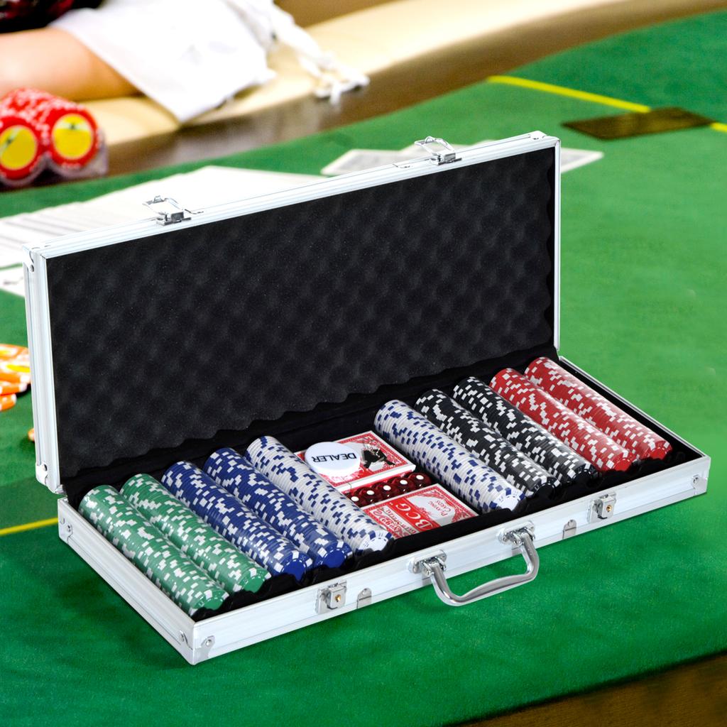 500PCs Poker Chip Set Casino Games 2 Card Decks, Dealer Button, Dice w/Lockable Aluminum Case