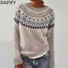 Женская мода повседневная осень-зима ромбовидный узор с длинным рукавом и круглым вырезом свитера