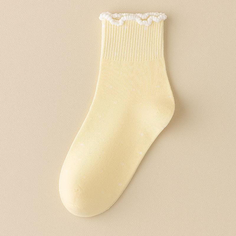 Черные носки с кружевом из древесного гриба для женщин, стиль весна и осень, махровые носки, хлопковые носки, летние носки в горошек с отворотом, бесшовные носки до середины икры