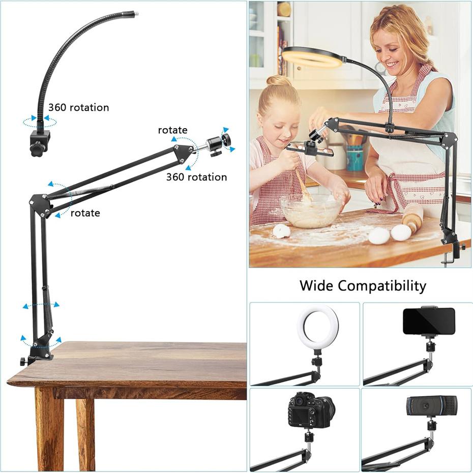 Светодиодная кольцевая лампа для селфи, подставка для телефона со складным кронштейном, круговой заполняющий свет, диммируемый штатив, кольцевая лампа для фотосъемки для стриминга на YouTube