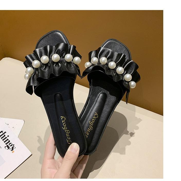 2025 летние новые пляжные односложные тапочки, женская обувь зарубежного производства, модные тапочки в стиле феи с жемчужным кружевом, женская верхняя одежда