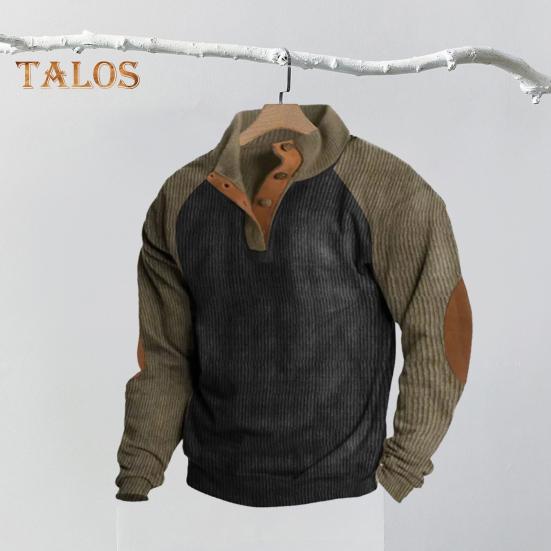 Весна Осень Мужская Толстовка Цветные Блоки Пэчворк Ретро Стиль Полуоткрытый Воротник-стойка Топ Плюс Размер Свободный Длинный Рукав Топ Повседневная Жизнь Офис