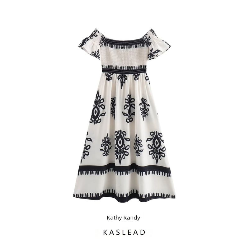Kaslead New Arrival Women's Clothing Fashion Style Fashion Casual Minimalist Print Smocking off-Shoulder Dress
