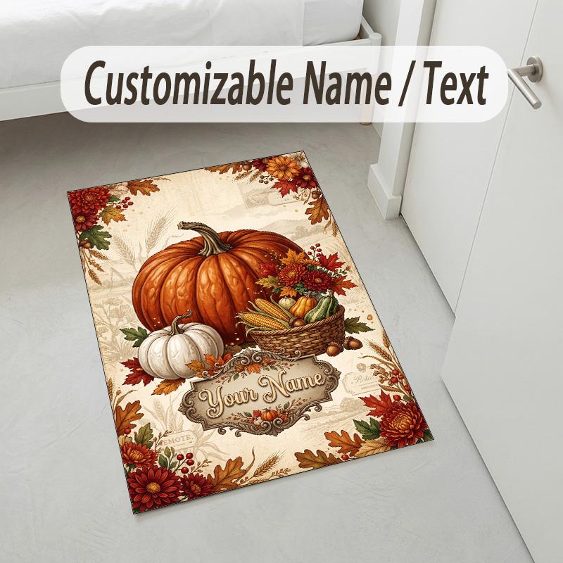 Autumn Harvest Festival Theme Soft Crystal Velvet Rug Custom Name & Text Print Non Slip Floor Rug for Bedroom Living Room