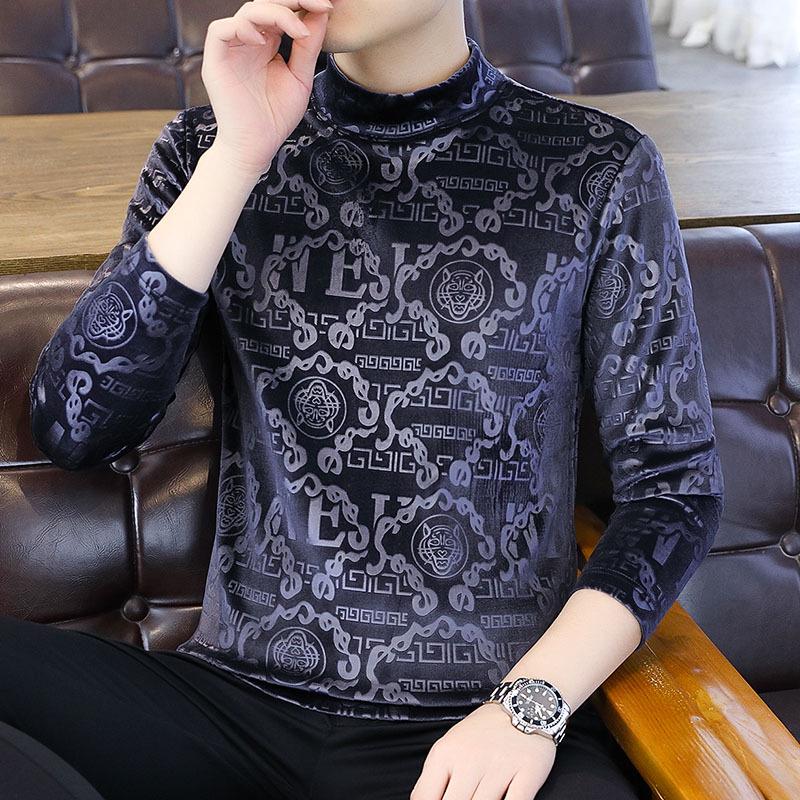 Мужская модная толстовка из золотистого бархата со средней горловиной и длинными рукавами - плотная, теплая, осенне-зимняя футболка с полувысоким воротником