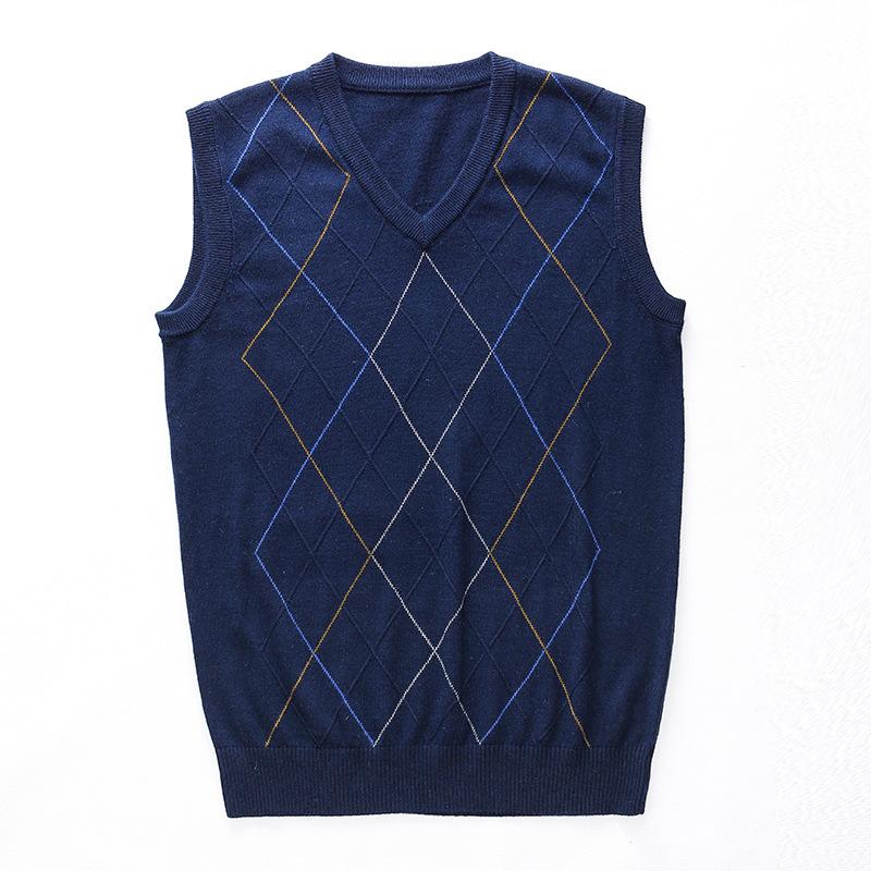 Autumn and Winter Men's Fur Vest, Middle-aged and Elderly V-neck Knitted Sweater, Men's Rhombus Jacquard Vest