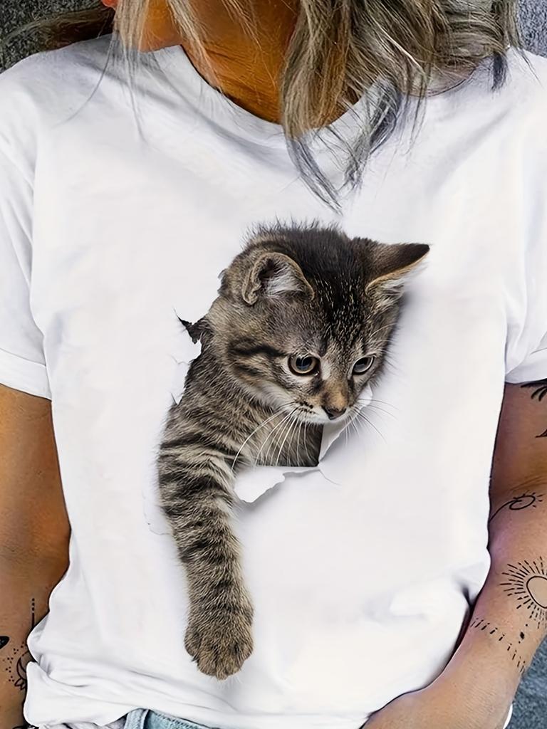 Casual Every Day Tops Women's Clothing Cute Cat Print T-Shirt Crew Neck Short Sleeve T-Shirt
