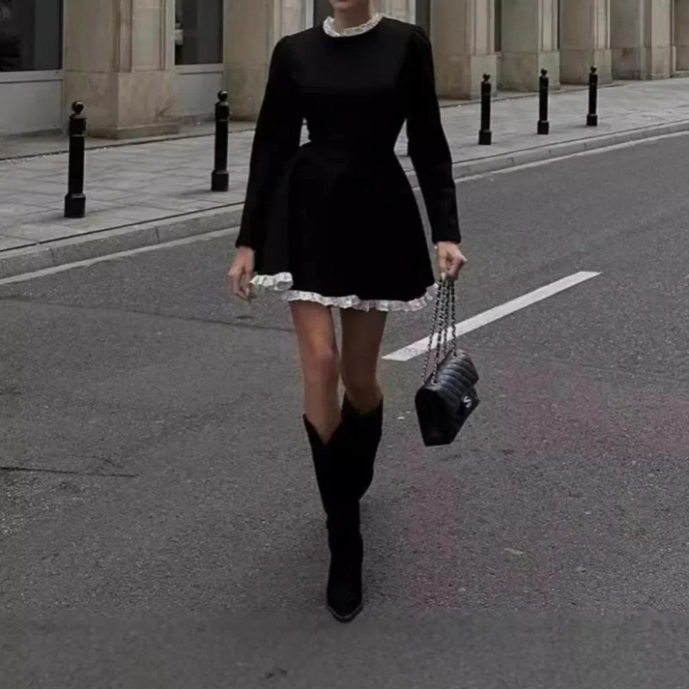 Splice Lace Mini Dress for Women High Waist Slim Elegant Dresses Femme Wedding Retro Temperament Dress Womens Clothes