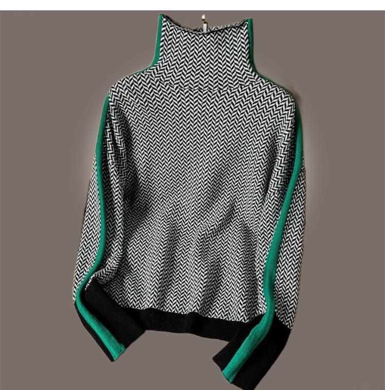 Lazy Loose Contrasting Color Sleeve All -wool High -necked Sweater Sweater Female Autumn and Winter Women