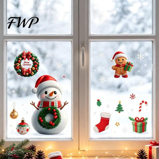 Christmas Party Supplies Static Window Clings, Reusable Decals with Santa Snowman Snow Holiday Glass Stickers House Designs, Double Sided for