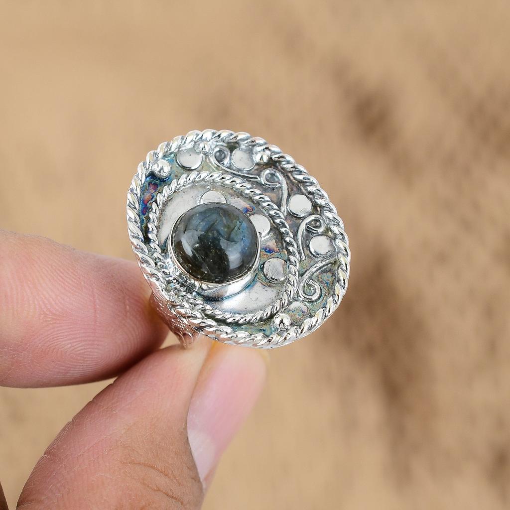 925 Silver Natural Labradorite Multi Stone Wedding Engagement Wife Ring Jewelry