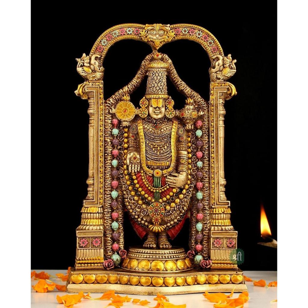 8" Tirupati Balaji Fine Metal Finish Idol Decorative Showpiece Handcrafted Tirupati Balaji Murti for Home Office and Gifting Purpose Sculpture, Golden