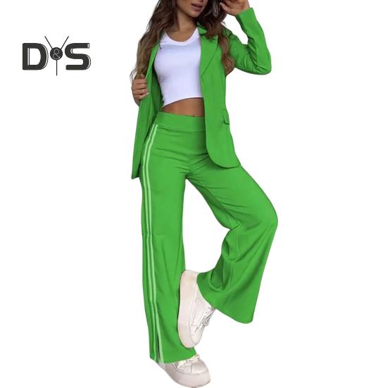 Комплект из 2 предметов: пальто и брюки для леди, отложной воротник, длинные рукава, свободные полосатые брюки с широкими штанинами, повседневная одежда для поездок на работу