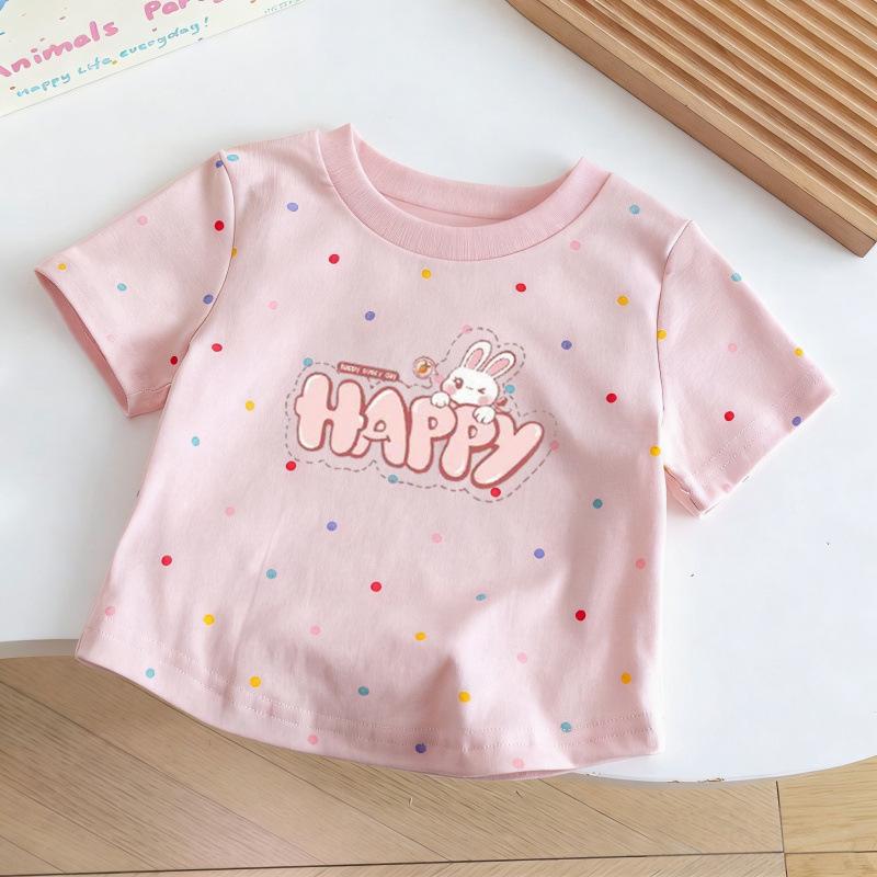 Girls Cotton Short Sleeve T Shirt Cute Rabbit Print Colorful Dots Summer Top