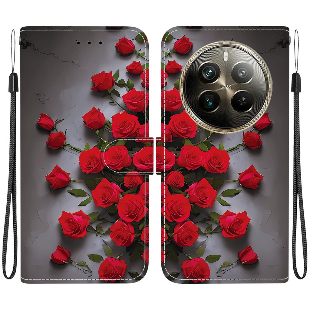 Handmade PU Leather Flip Case for Realme 12 Pro+ Anti-Slip Shockproof Cover with Wrist Strap & Heart/Rose Cat Designs