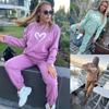 2022 Spring Love Heart Print Hooded Fleece Sweatshirt & Elastic Waist Long Pants Sports Set