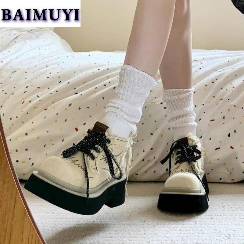 Ковбойские ботильоны женские кроссовки на платформе массивные повседневные туфли женские осень 2025 трендовый дизайн шнуровка холст zapatos mujer botas