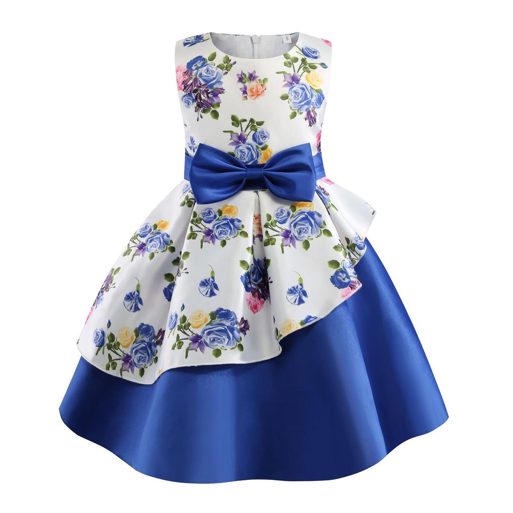 Children's Dress Princess Dress With Bow Flower Print Irregular Hem Dress