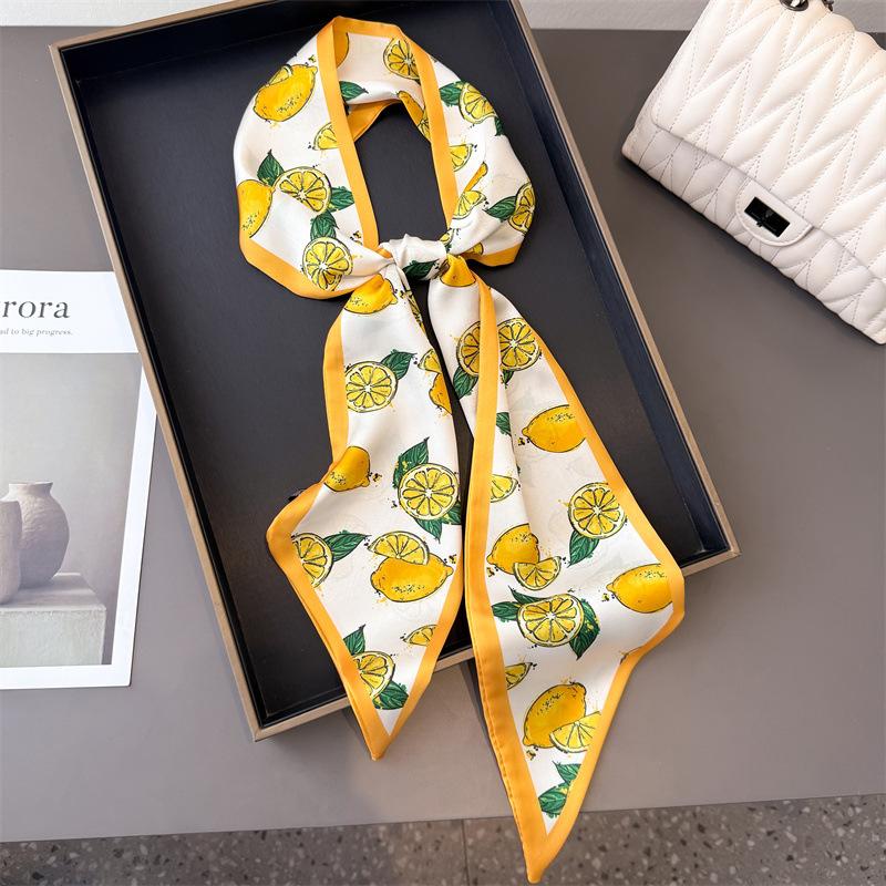 Korean Long Skinny Silk Scarf for Women Bag Tie Lady Hairband Fruit Print Brand Lady Neckerchief Ribbon Bag Handle Ribbon Scarf
