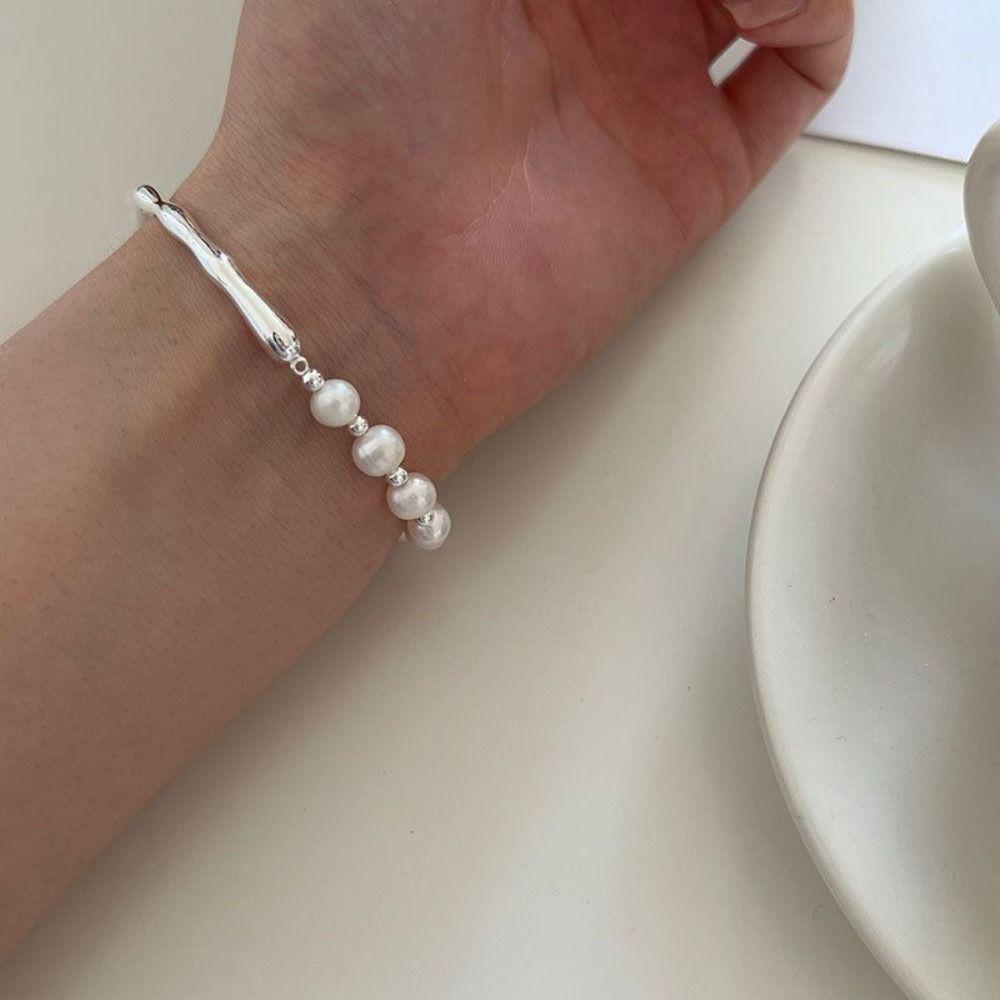 Gift Temperament Irregular Liquid Metal Women Bracelet Copper Pearls Bracelet Korean Style Jewelry